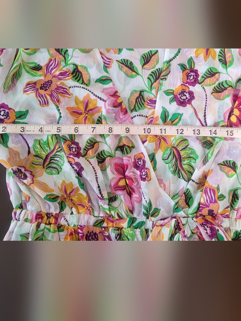 Misa Los Angeles White Floral Faux Wrap Mini Dress with Pink and Yellow Blooms - Picture 9 of 9
